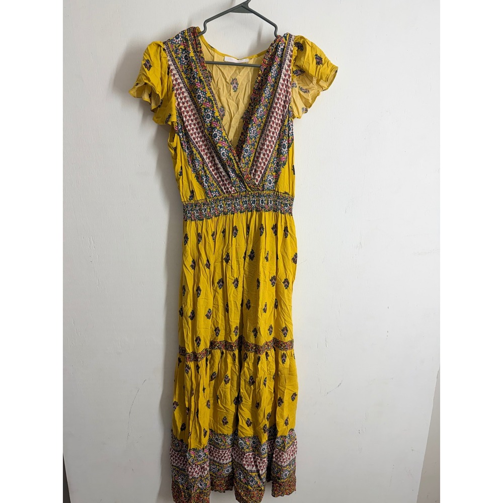 Ces Femme Mustard Yellow Boho Floral Maxi Dress Smocked Waist Flutter Sleeve L